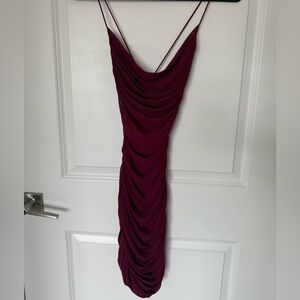 Elegant Strappy Burgundy Cowl Neck Draped Dress